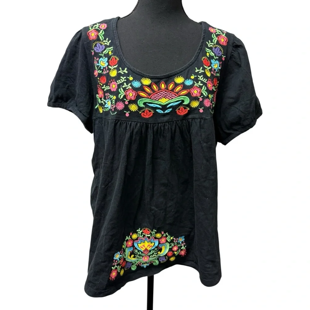 South Main XXL Black Floral Embroidered Boho Peasant Top Cotton - Picture 1 of 10